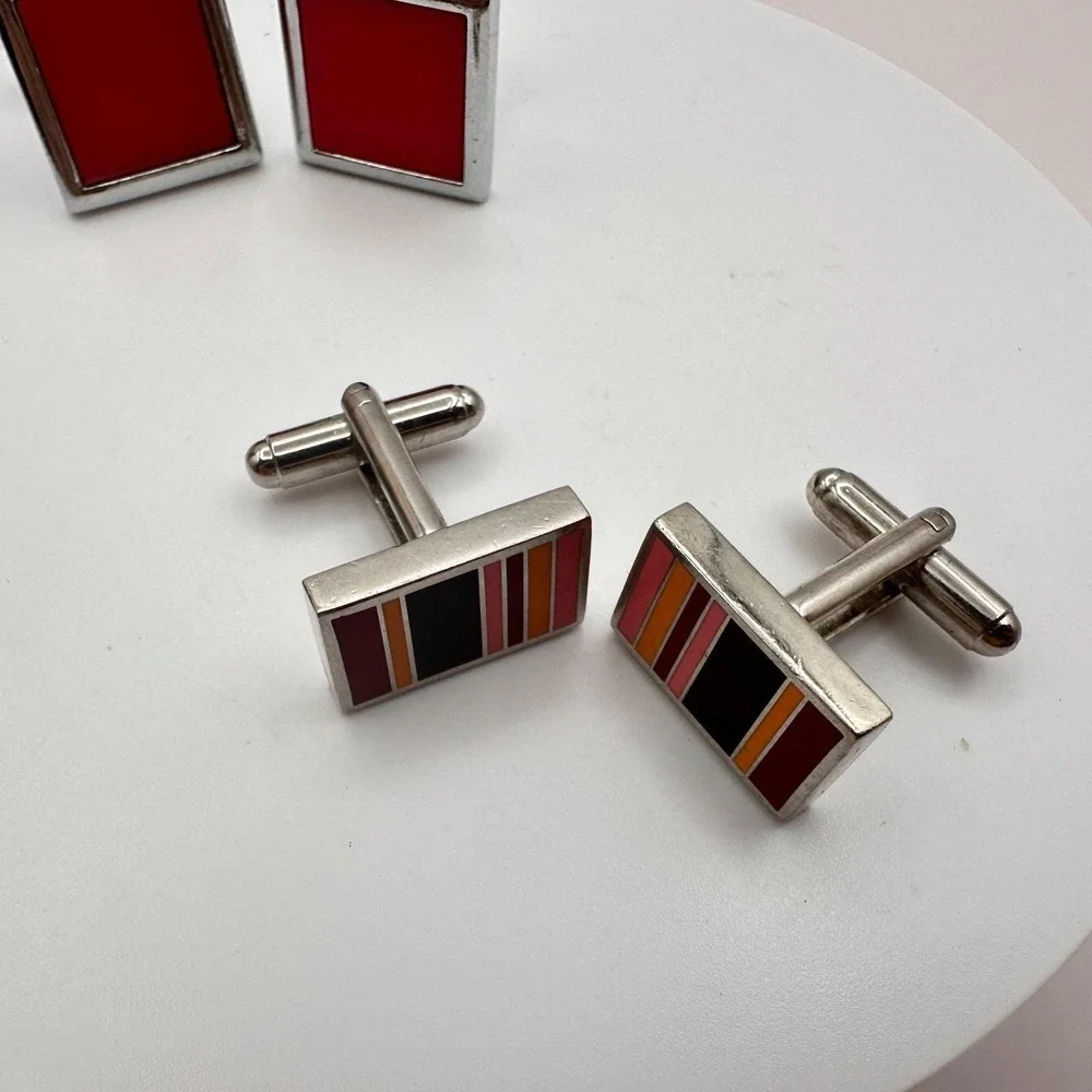 Vintage 80s Paul Smith Style Multi Stripe & Red Enamel Cufflinks Set Lot Jewelry